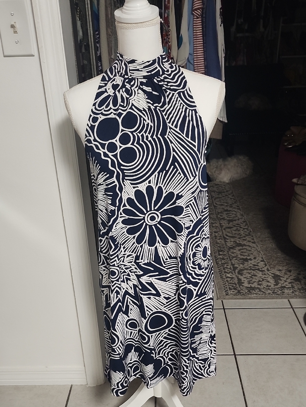 Trina Turk Navy and White Halter Midi Dress with Bold Floral Print
